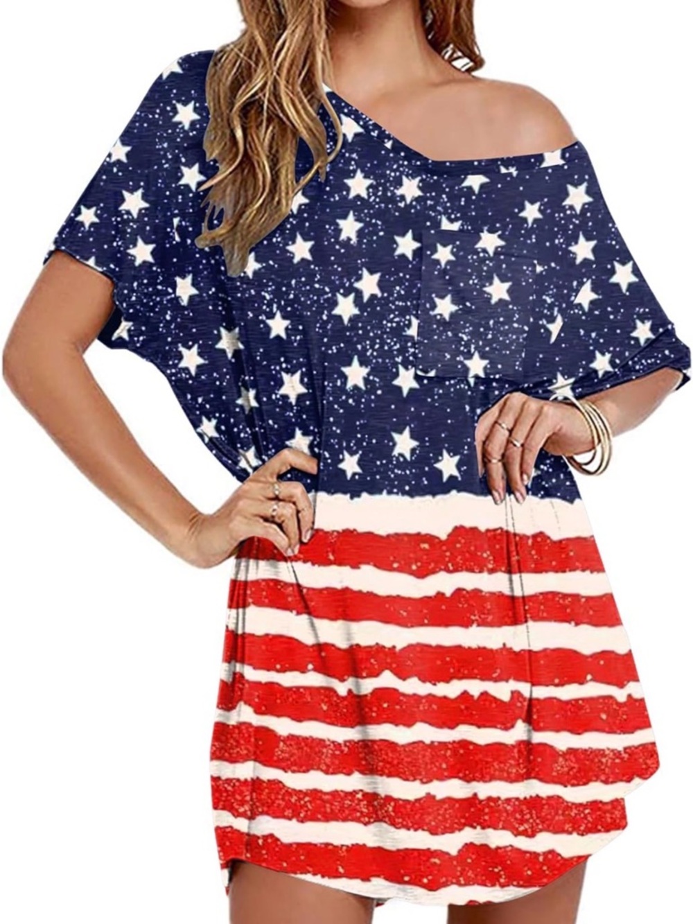 American Flag Off-Shoulder Star & Stripe Dress Top coverup nightgown xxl